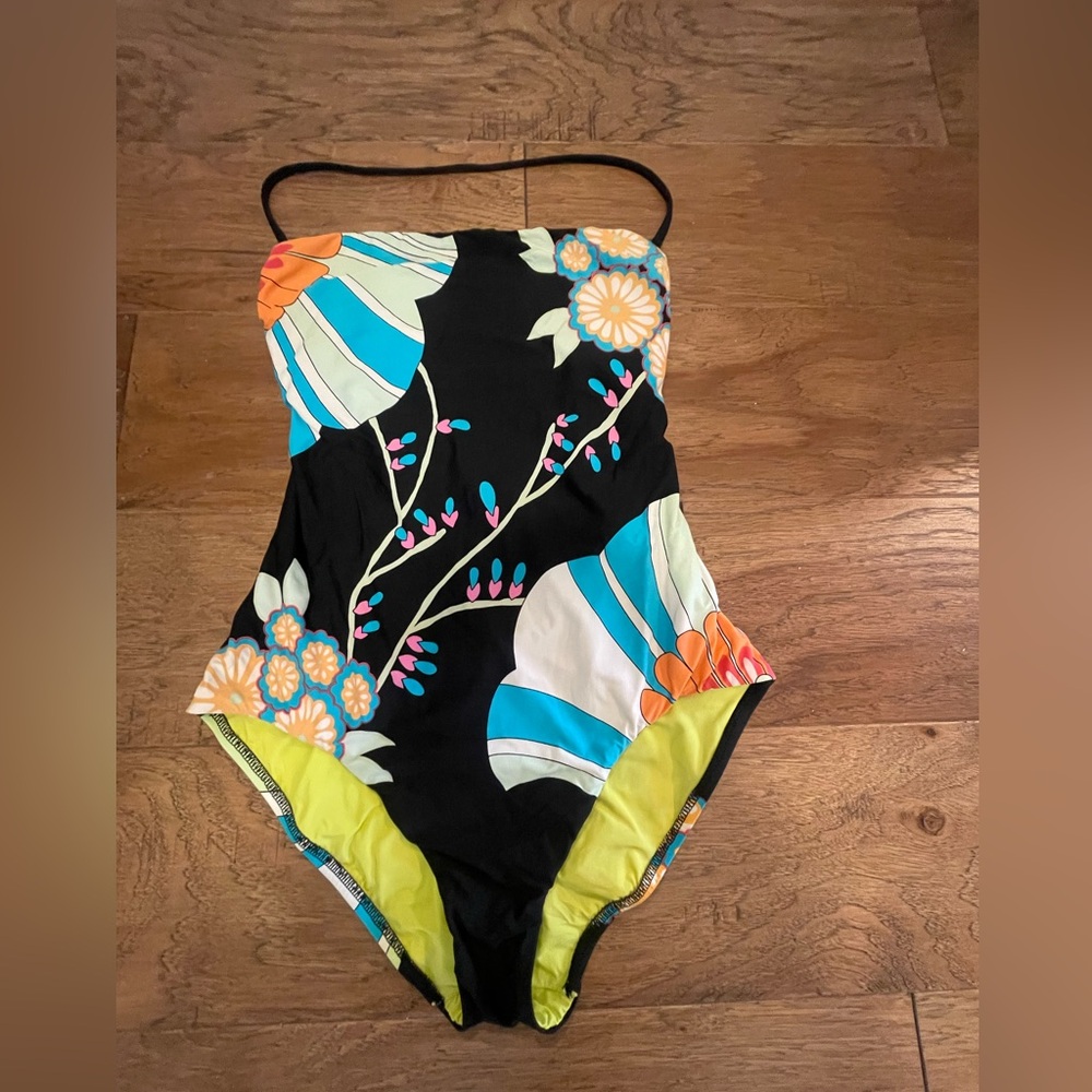 Trina Turk One Piece Swimsuit Floral Abstract Black Size 8